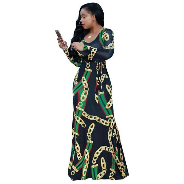 

ethnic clothing africa trendy gold chain printed long sleeve belted maxi dress women autumn bodycon robe party plus size s-xxxl, Red