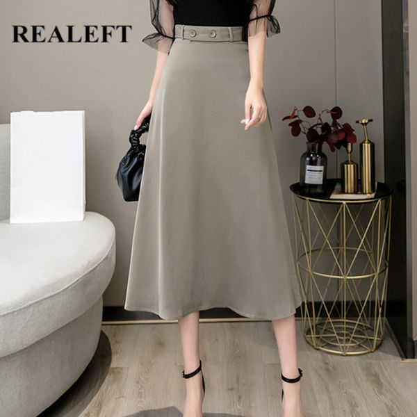 

summer satin women umbrella long skirts button korean ol style high waist workwear a-line office lady 210428, Black