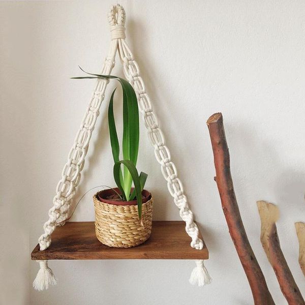 

tapestries hand-woven macrame storage rack wooden shelves for wall bohemian decorative hanging ornament