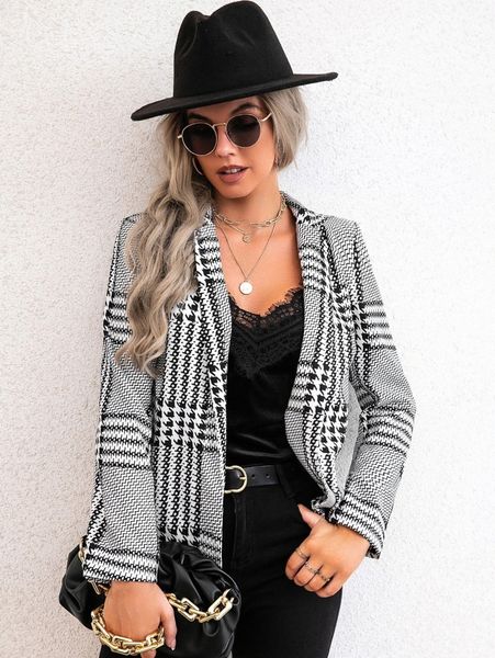 

chevron & houndstooth print blazer 12qm#, White;black