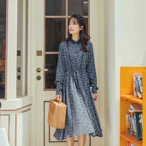 

dress spring autumn lace joint collar long sleeve elegant lady a line daisy flower print women dress cq5a, Black;gray
