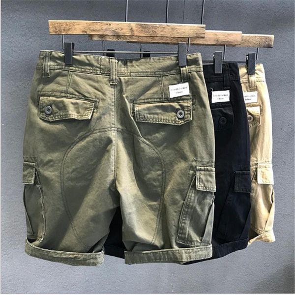 

men sports short pants running shorts washed fabric army green multi-pocket cargo men's loose casual, White;black