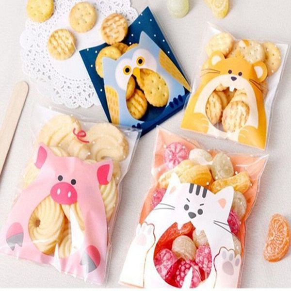 

100pcs cute cartoon animals cookie candy bag self-adhesive plastic for wedding birthday party biscuits baking gift packaging wrap