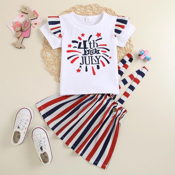 

clothing sets toddler kid baby girl 4th-of-july letter +suspender stripe skirts outfit set, White