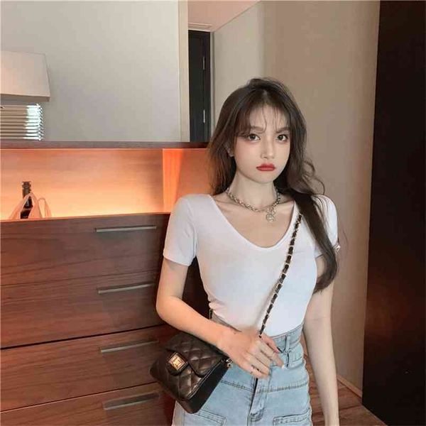 

fashion crop short sleeve tight t-shirt solid harajuku korean female v-neck short summer women clothing women 210507, White