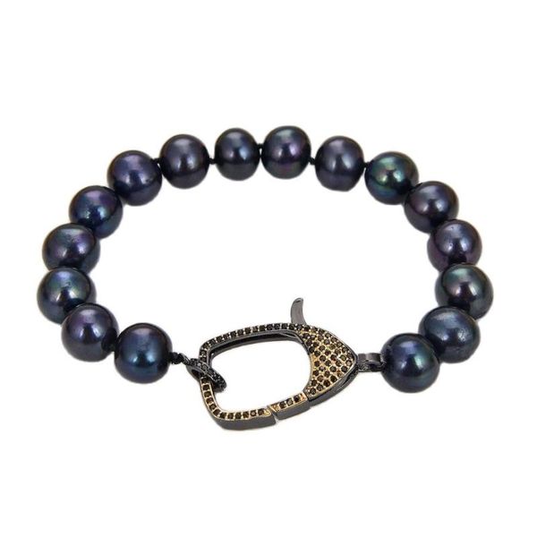 

beaded, strands jk 8" 9-10mm natural black round pearl bracelet