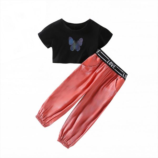 

summer kids girls outfit sweet style short sleeve butterfly printing pants clothes set, White