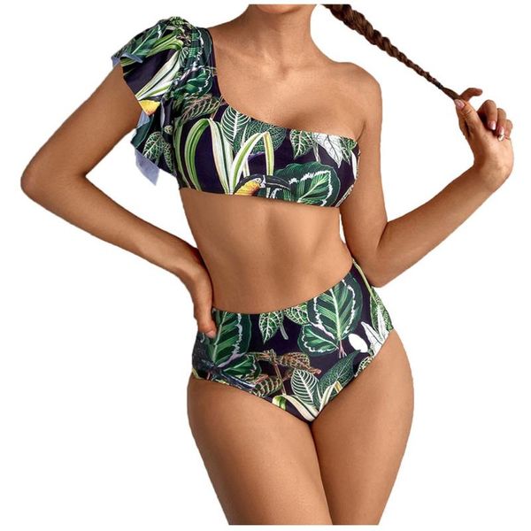 

women's swimwear floral ruffled hem bikini set women one shoulder v-neck high-waisted two piece swimsuit 2021 girl beach bathing suit b, White;black