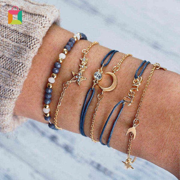 

6 pcs/set bracelet jewelry women girl stars moon love bead rope chain bangle boho glittery, Golden;silver