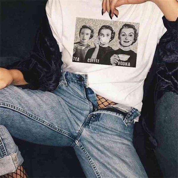 

women drink t shirt tees tea, coffee, vodka vintage print tumblr grunge aesthetic t-shirt cute tee 210512, White