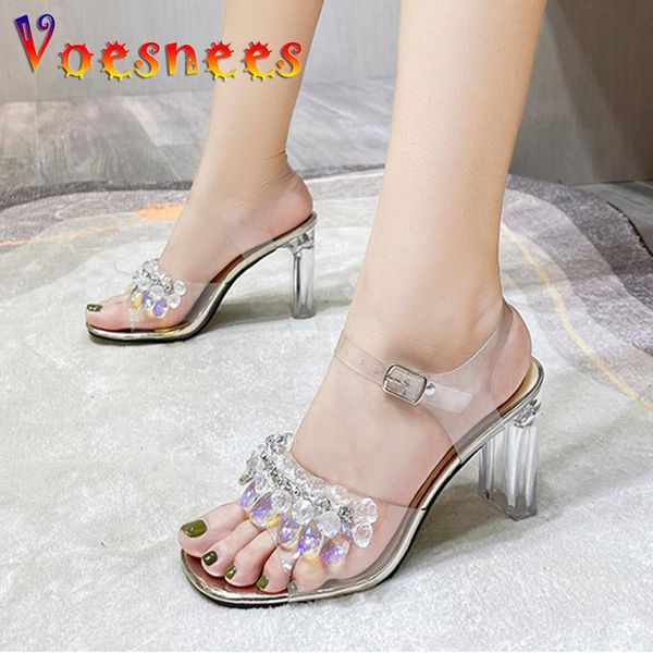 

sandals 2022 rhinestone sequin design crystal wedding women shoes summer 9cm high heel pvc transparent nightclub ladies, Black