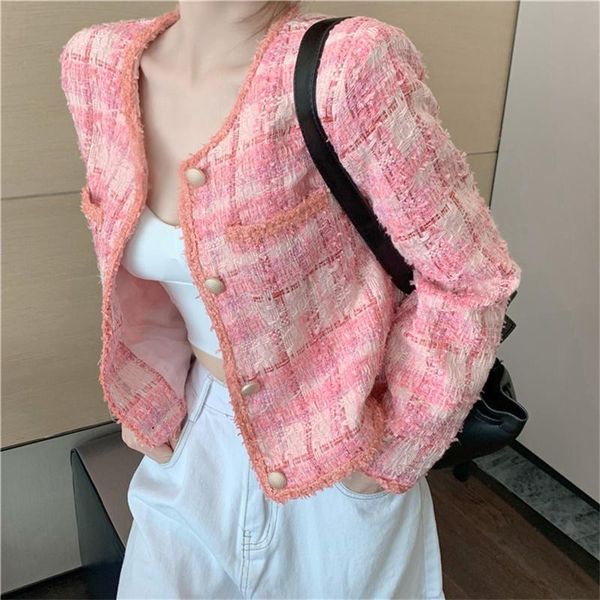 

women's wool & blends 2021 korean autumn style chic coat elegant short plaid ladies single-breasted long-sleeved top, Black