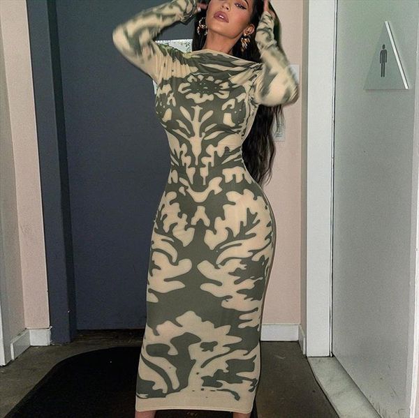 

tie dye print women dresses long sleeve midi hollow out bodycon skinny streetwear party elegant summer slim, Black;gray