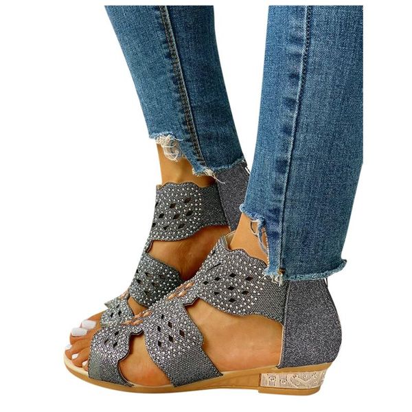 

sandals hollow out zip up vintage sandales women fashion crystal open toe beach shoes outdoor wedge woman footwear, Black
