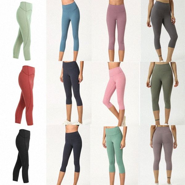 

lu seamless womens lulu yoga leggings suit capri pants High Waist Align Threaded Sports mid-calf Raising Hips Gym Wear Elastic Fitness Tight, White;red