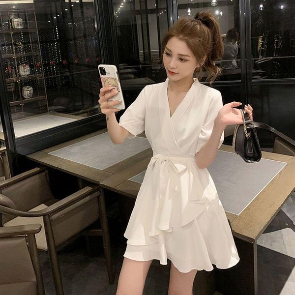 

white v-neck dress 2021 style super flounced skirt women's summer woman vestido de mujer femme robe casual dresses, Black;gray