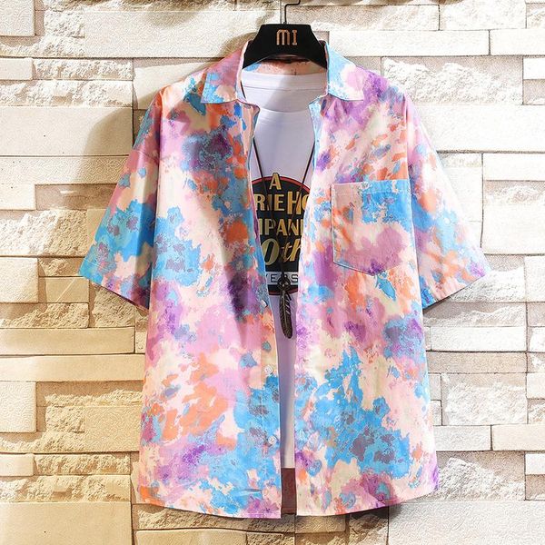 

men's casual shirts men oversized printed shirt 2021 summer man hip hop streetwear short sleeve korean style harajuku clothing, White;black