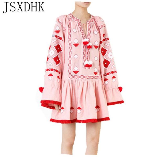 

casual dresses jsxdhk bohemian style autumn women beach mini dress 2021 runway pink embroidery cotton long sleeve tassel chic vestidos, Black;gray
