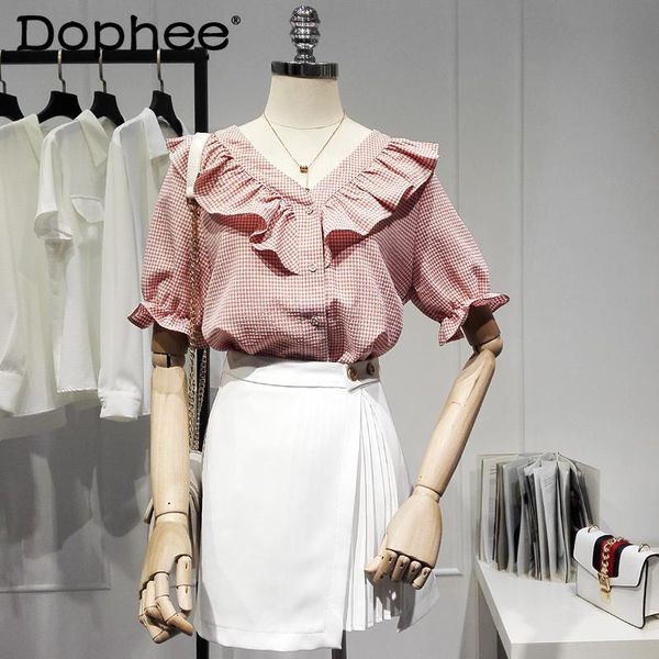 

women's blouses & shirts plaid shirt 2021 summer v-neck flounce short-sleeved chiffon western style puff sleeve top, White