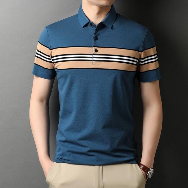

men's polos striped shirt men summer mens short sleeve shirts casual stand collar fashion business t-shirt, White;black