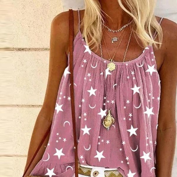 

summer o neck women blouses sleeveless star moon print loose lady off shoulder plus size blusa, White