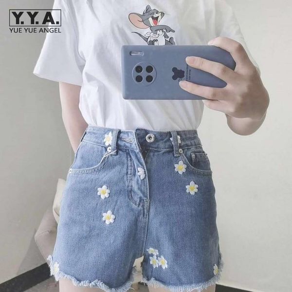 

women's jeans female sweet flowers embroidery denim shorts high waist tassel straight short women casual classic push up jean pants, Blue