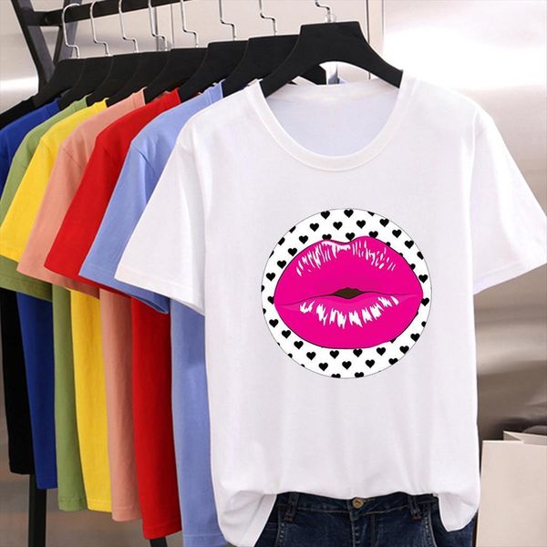 

vogue beautiful womens pink lips spotted background graphic women round neck aesthetic, White