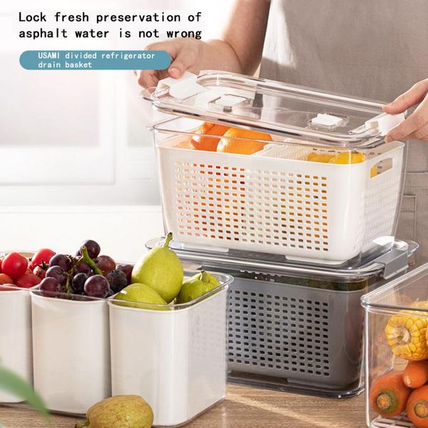 

storage box household refrigerator fresh-keeping kitchen fruit vegetable double-layer with lid drainable bottles & jars