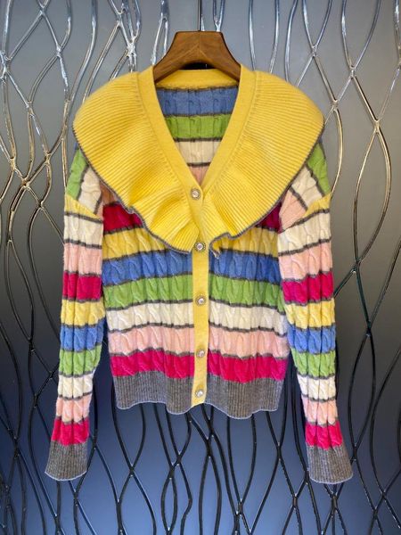

women's knits & tees fall 2021 falbala collar chromatic stripe knitting cardigan 0926, White