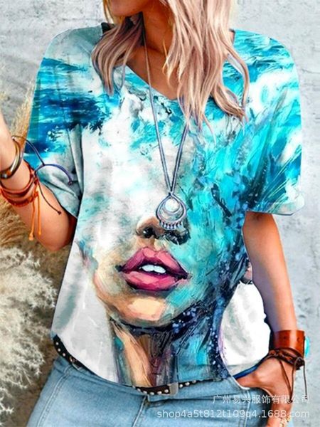 

women's t-shirt tie-dye fashion print women tshirts summer short sleeve v-neck oversized loose harajuku tee streetwear casual chic, White