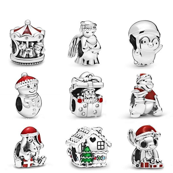 Memnon Takı 925 Ayar Gümüş Melek Aşk Charm Gingerbread Evi Charms Kardan Adam ve Şapka Boncuk Santa Noel Carousel Boncuk Fit Pandora Tarzı Bilezikler DIY