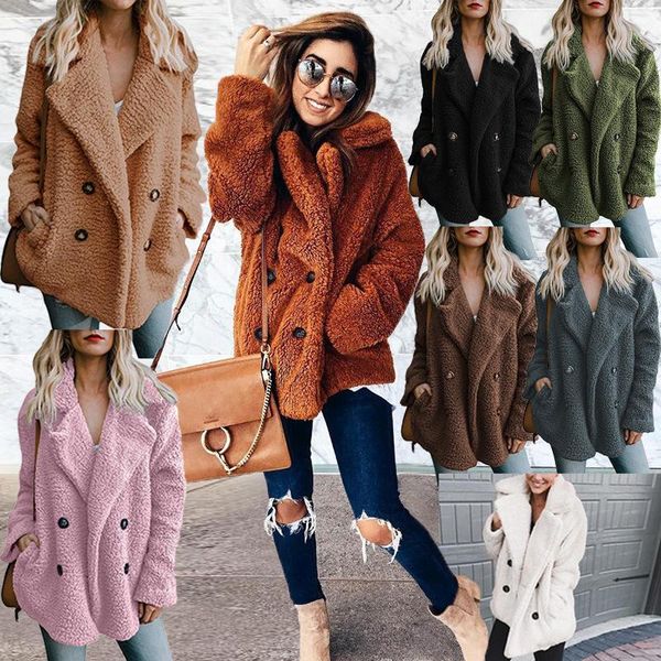 

women's jackets 11 color 6 size s-3xl women winter jacket 2021 fashion double-breasted sweaters lapel loose fur outwear, Black;brown