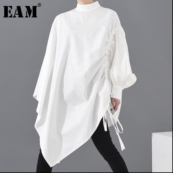 

[eam] womens shirts women white drawstring big size blouse stand collar long sleeve loose fit shirt fashion spring summer 1s22900