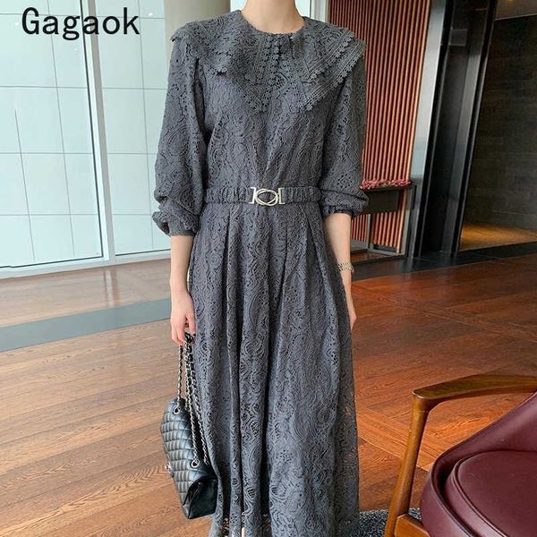 

woman lace dress spring autumn vintage solid sashes peter pan collar midi dresses korean slim chic vestidos 210531, Black;gray