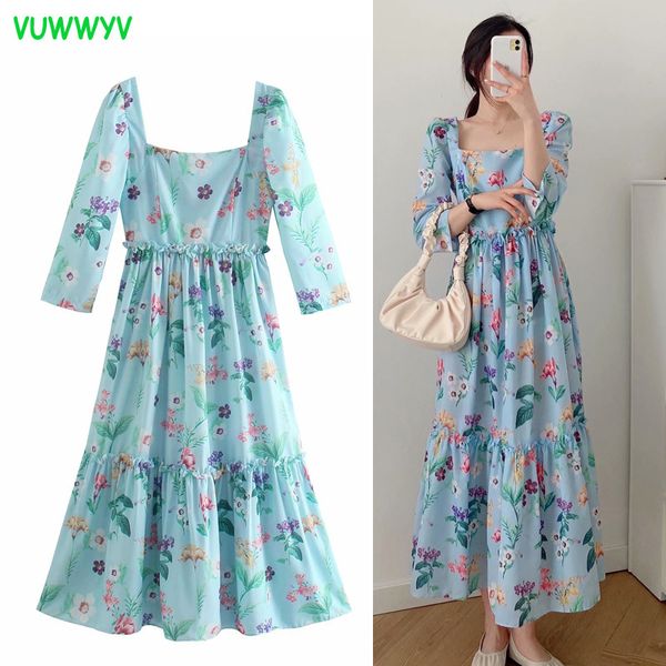 

dresses white green floral print ruffle midi women long sleeve pleated elegant party woman vintage summer 210430, Black;gray