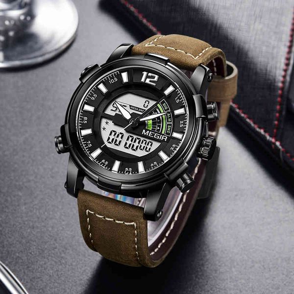 

dual display digital men watch megir sport analog quartz watches relogio masculino reloj hombre army military wristwatches hour1, Slivery;brown