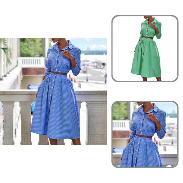 

two piece dress elegant 1 set turndown collar striped print crop skirt women suit for daily wear, White