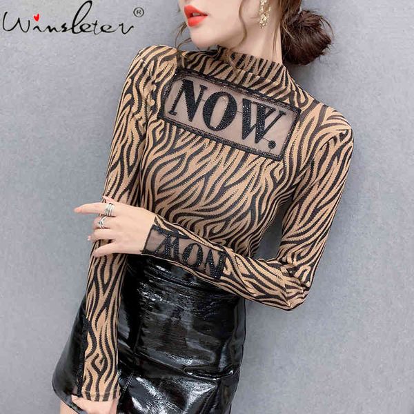 

women's t-shirt fall winter european clothes t-shirt fashion patchwork mesh shiny dimaonds letter women ropa mujer tees, White