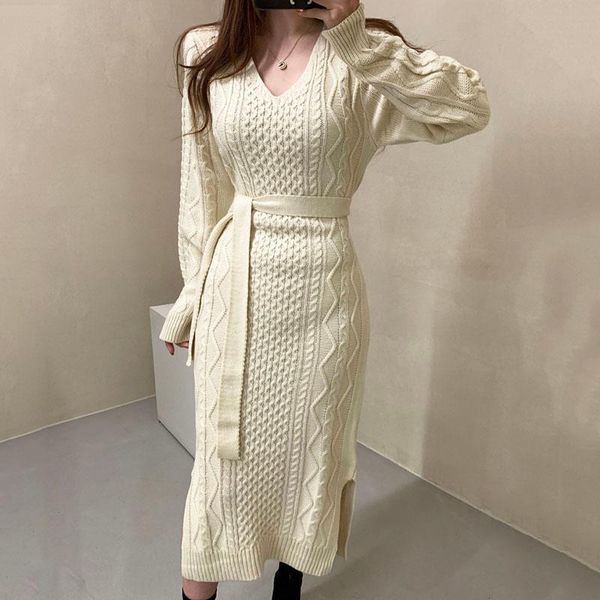 

casual dresses [ewq] retro apricot twist pattern lace up collect waist knitting dress women autumn winter 2021 v-neck split 16r551, Black;gray