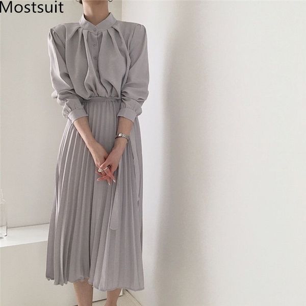 

autumn korean elegant women pleated dress long sleeve stand collar single-breasted belted dresses fashion solid vestidos 210518, Black;gray