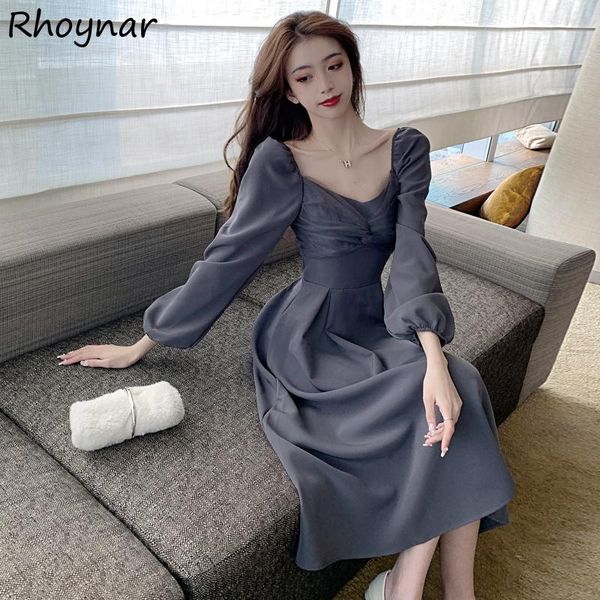 

casual dresses women square collar all-match classy ladies tender puff sleeve a-line vintage chic elegant female solid folds, Black;gray