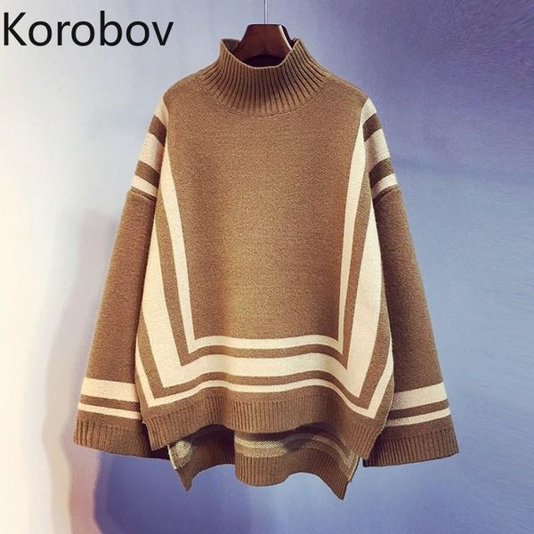 

women's sweaters korobov winter sweater women long sleeve sueter mujer striped vintage knit pullovers oversize harajuku turtleneck jump, White;black