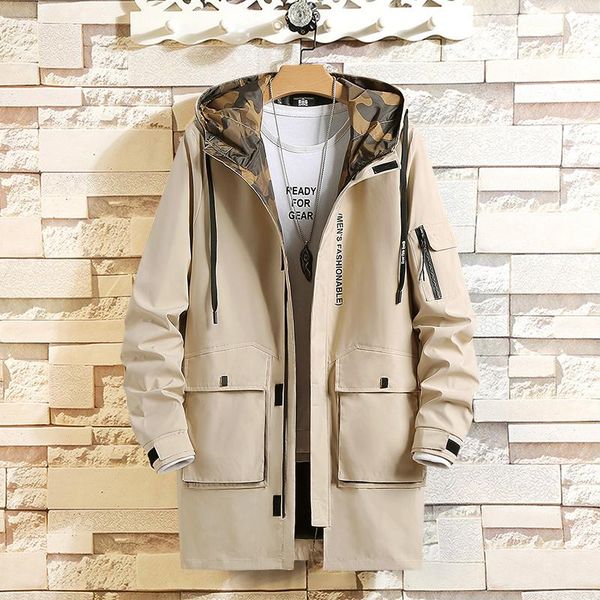 

men's trench coats 2021 black blue coat overcoat casual windbreakers x-long fashion spring autumn jackets, Tan;black