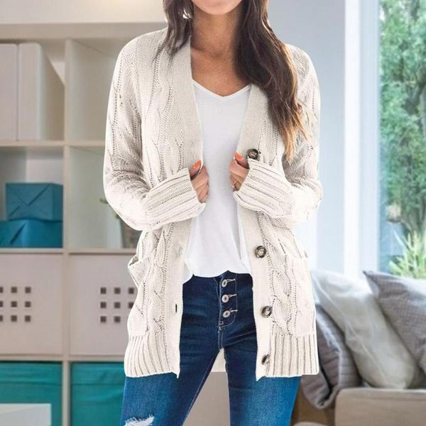 

women's knits & tees women classic loose cable-knit cardigan sweater vintage v neck button open front long sleeve female outerwear 2021, White