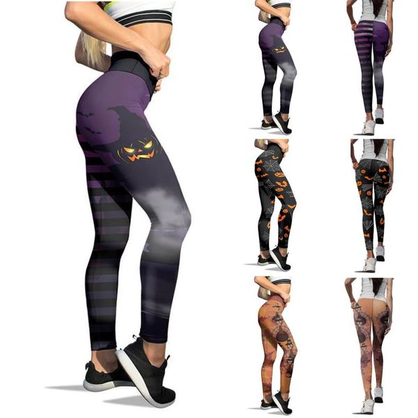 

women's leggings halloween cosplay women pumpkin skull hallowstripes print high stretch yoga pants seamless fitness trousers, Black