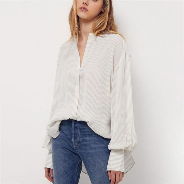 

pinstripe irregular white blouse woman summer long lantern sleeve stand neck shirts casual vintage loose femme chemise 2021 women's bl