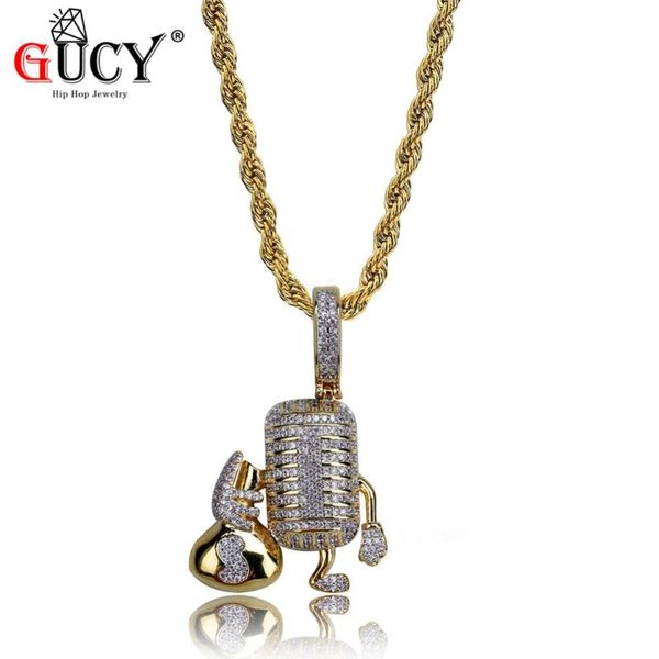 

pendant necklaces gucy microphone holding money bag iced out necklace with tennis chain cubic zircon men's hip hop jewelry, Silver