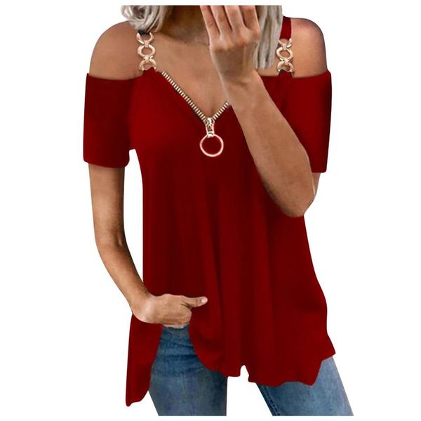 

women's t-shirt women t shirt 2021 summer lady oversized fashion zipper v neck off shoulder tees street metal button clothes black, White