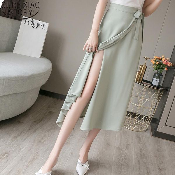 

skirts vintage midi one piece women loose solid high waist lace up chiffon female 2021 spring summer 12 colors 9784, Black