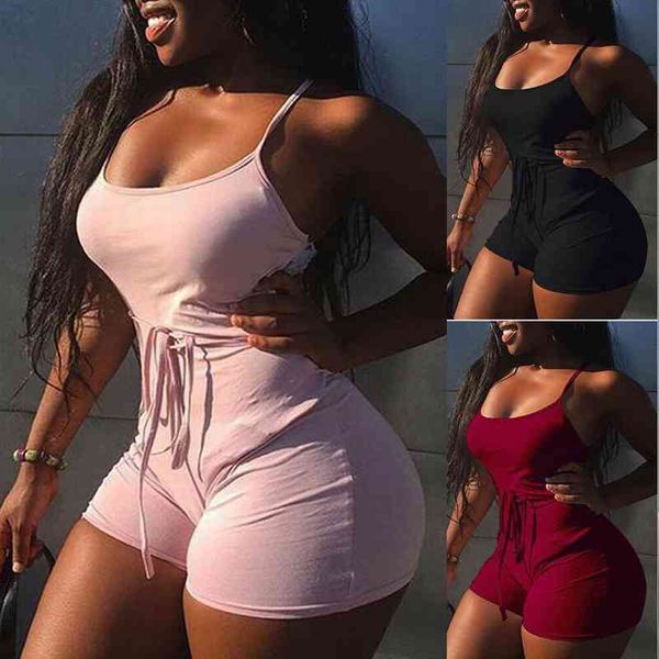 

summer casual sleeveless bodycon romper womens leggings bandage belt jumpsuit club bodysuit short pants, Black